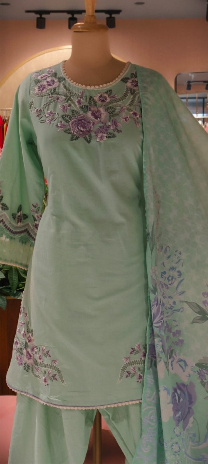 Mint Green Mul Cotton Flower Thread Embroidery Full suit with Farshi Salwar