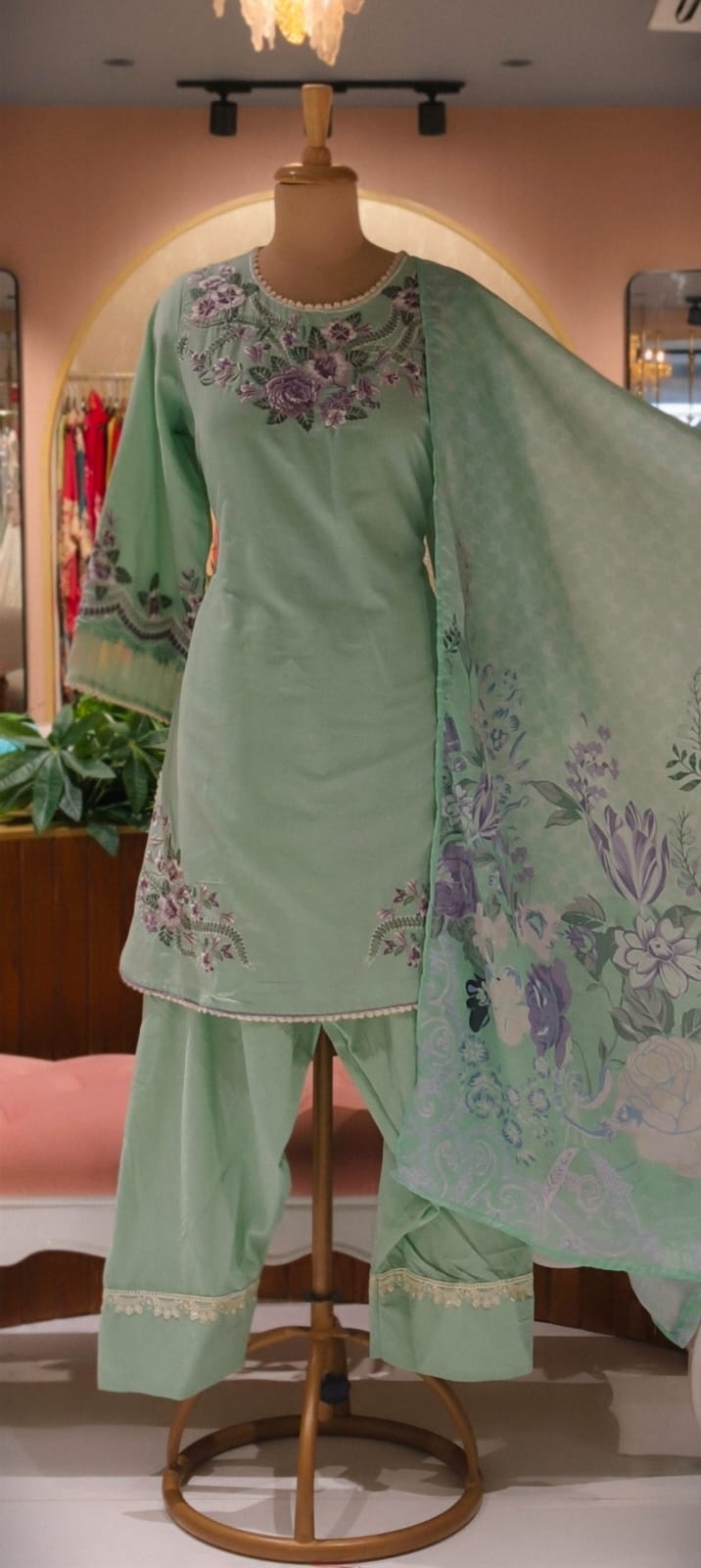 Mint Green Mul Cotton Flower Thread Embroidery Full suit with Farshi Salwar