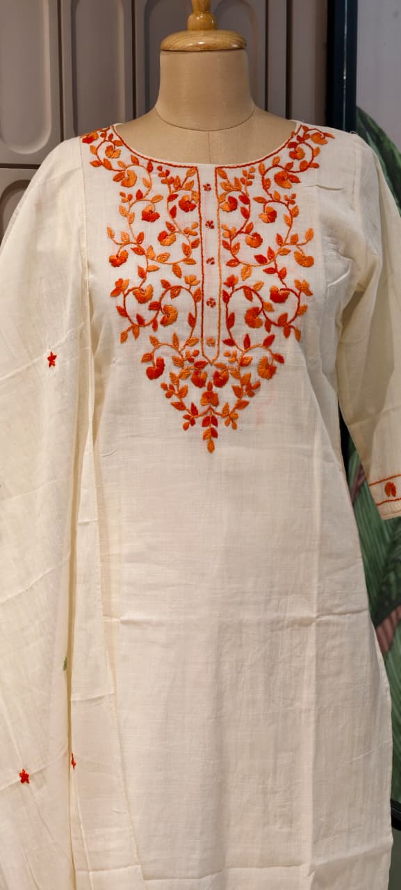 Elegant Off-White Kora Cotton Full Suit Set with Intricate Multi-Color Thread Embroidery