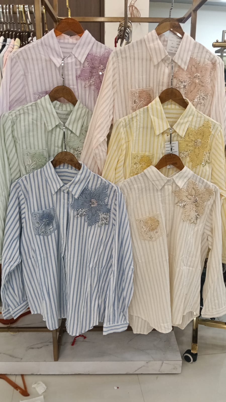 Classic Vertical Stripe Floral Pop Motif Imported Shirt- 15072