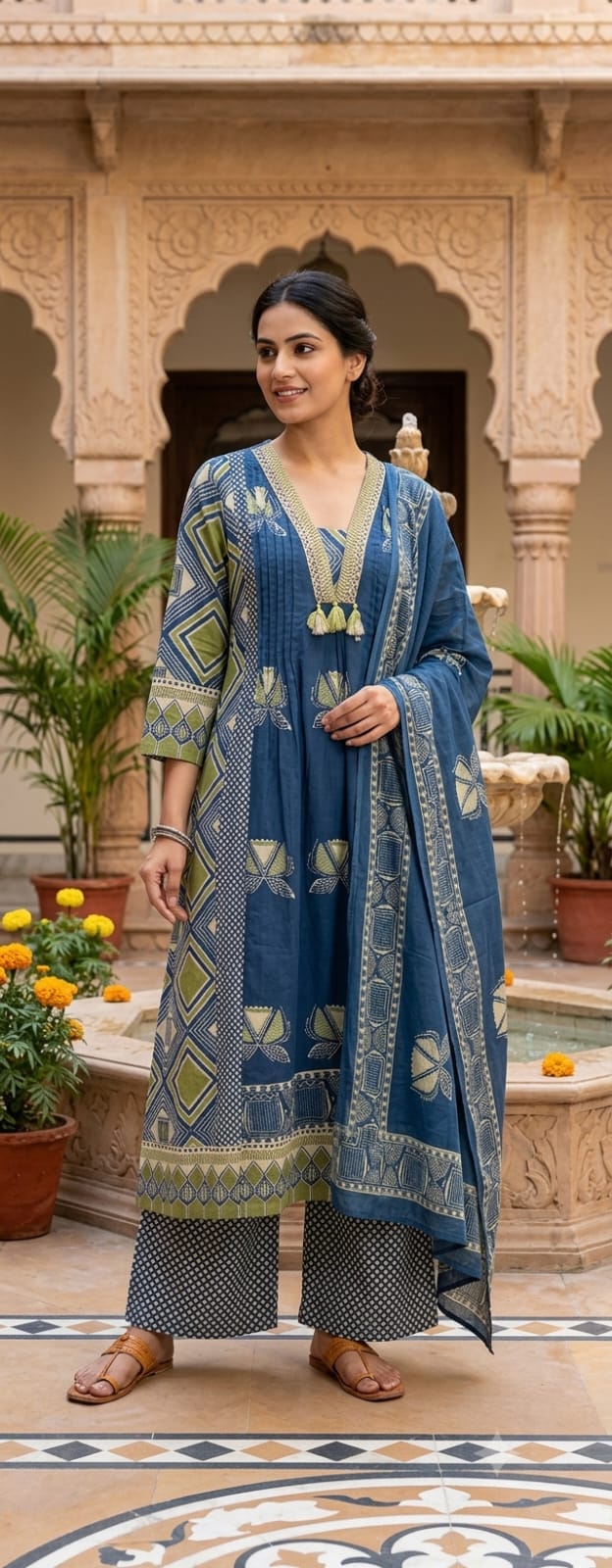 Cotton Aline Printed V Neck Full Suit Set 14569