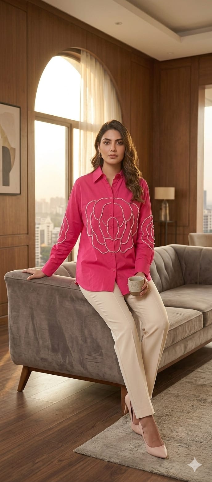 Pearl Elegance Imported Fabric Over Size Look Solid Shirt- 15071