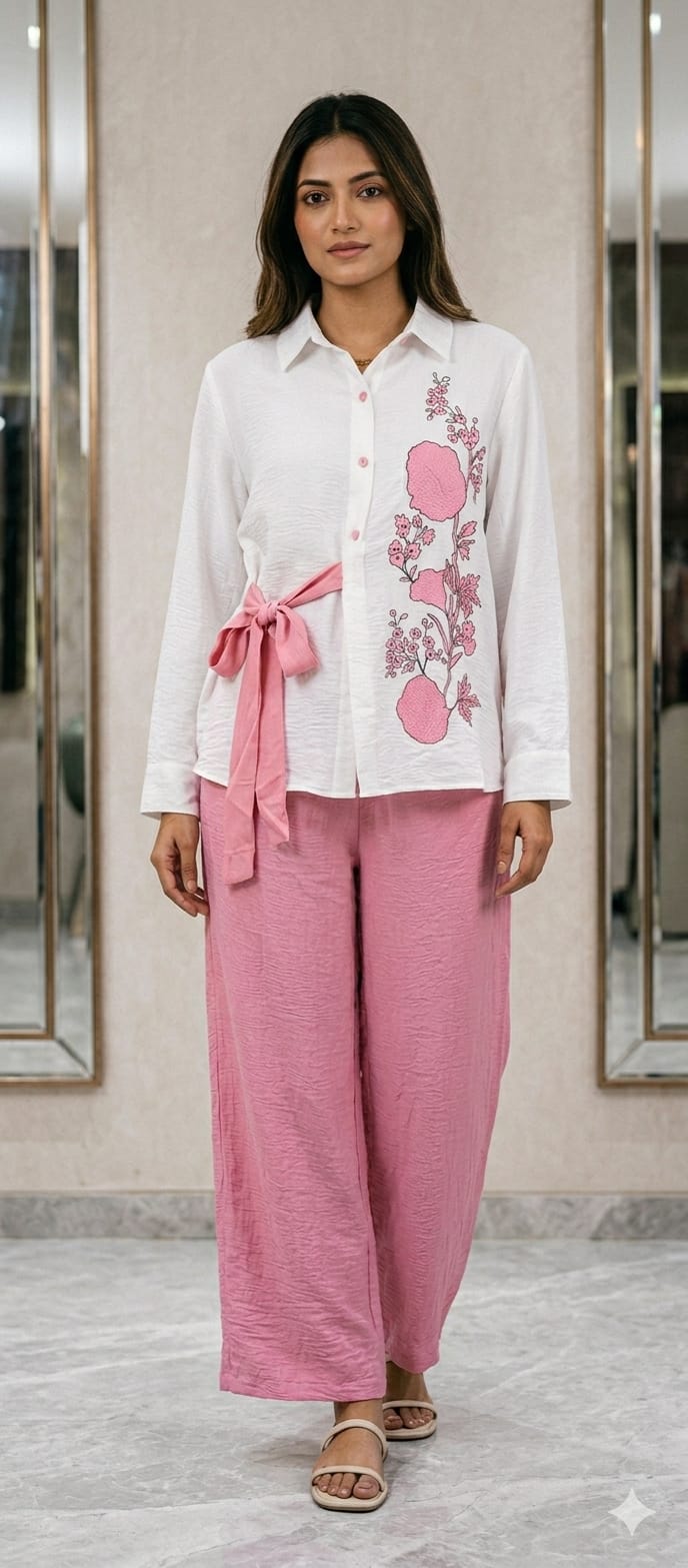 Premium Classic Floral Embroidery Button-Down Co-Ord Set- 15073