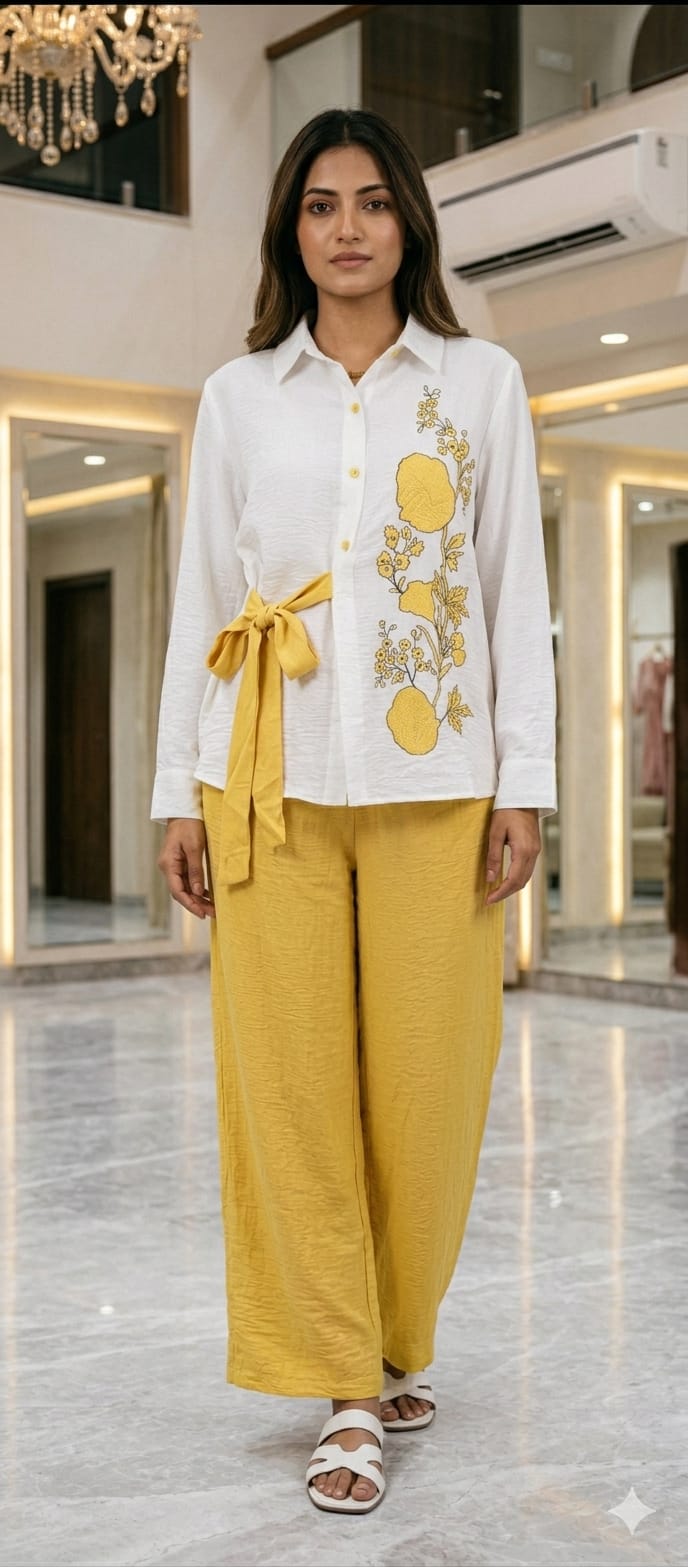 Premium Classic Floral Embroidery Button-Down Co-Ord Set- 15073