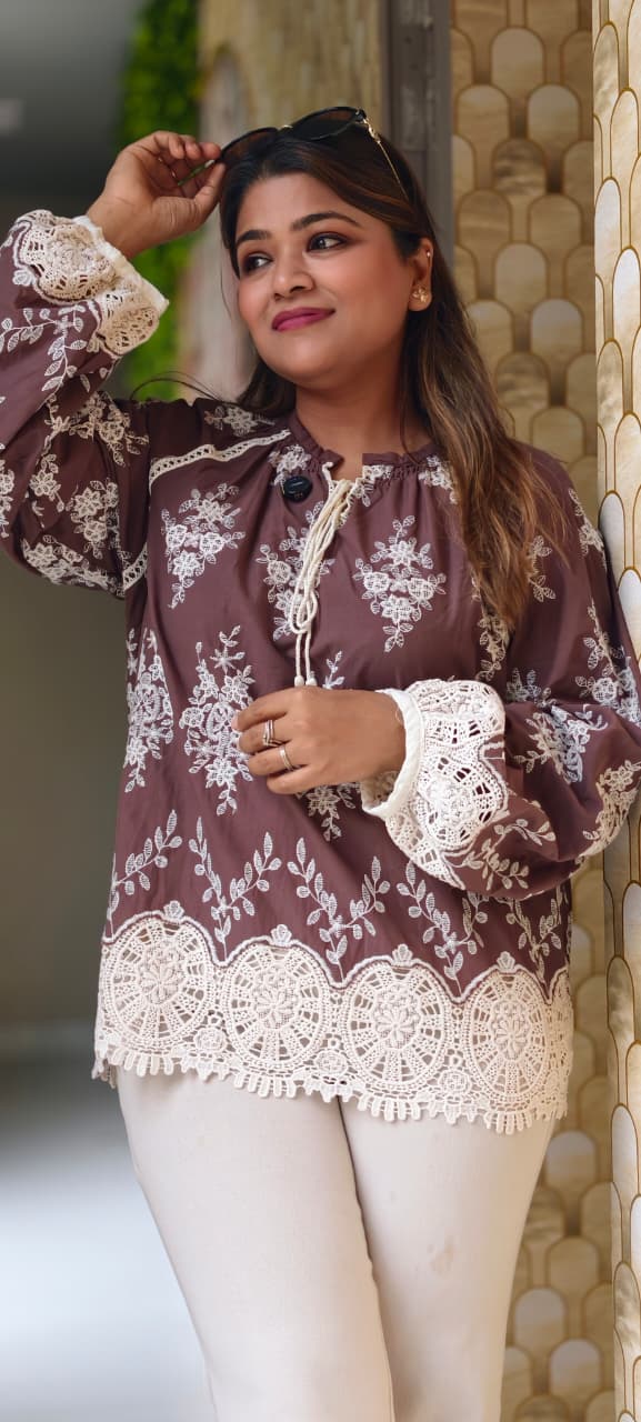Crosia Floral Thread Embroidered Cut-Work Imported Tunic- 15068