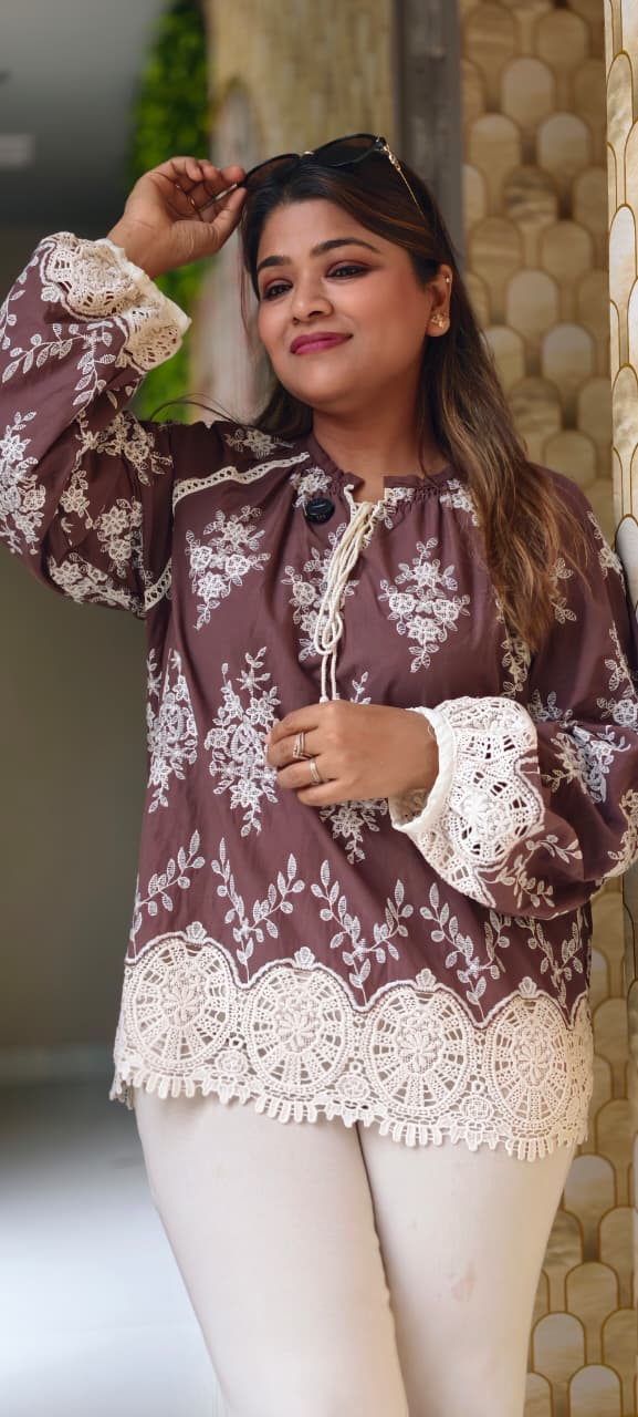 Crosia Floral Thread Embroidered Cut-Work Imported Tunic- 15068