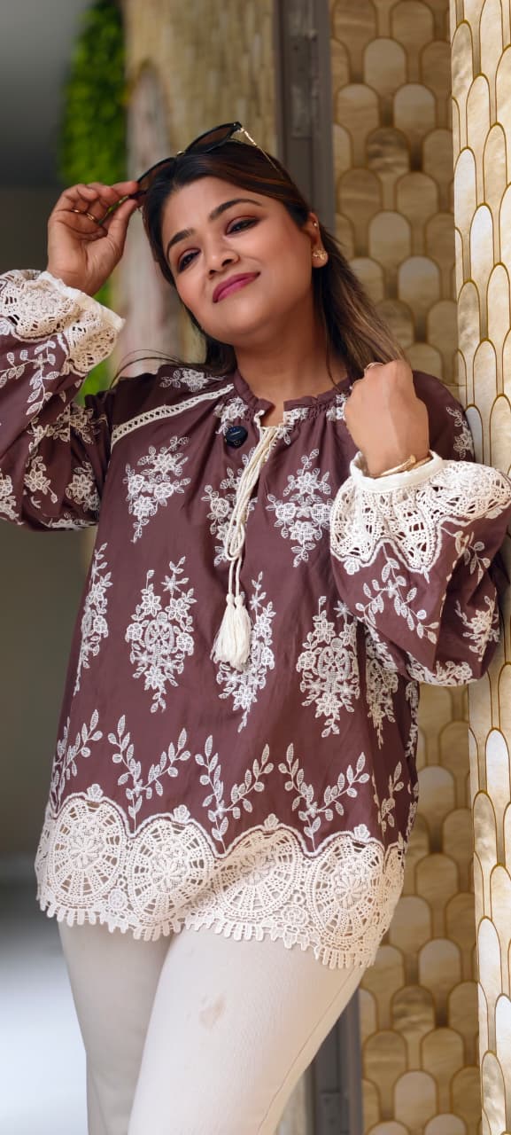 Crosia Floral Thread Embroidered Cut-Work Imported Tunic- 15068