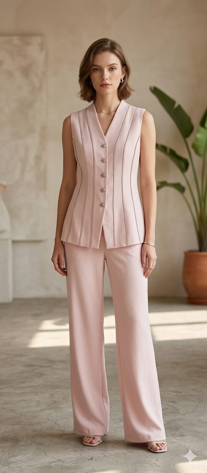Elegant Stone Touch Waistcoat & Wide-Leg Trouser Co-Ord Set- 15030