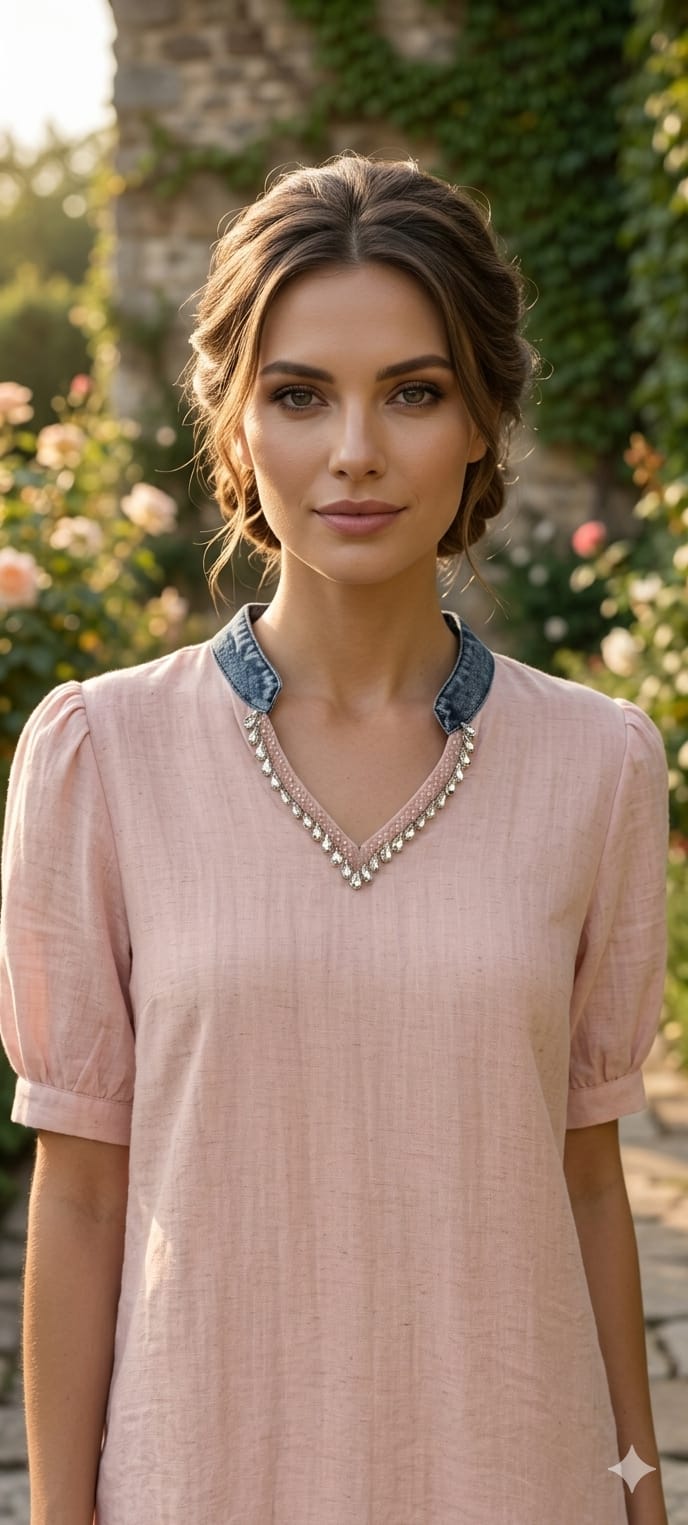 Siroski Stone Neckline Balloon Sleeve Imported Western Casual Top- 15046