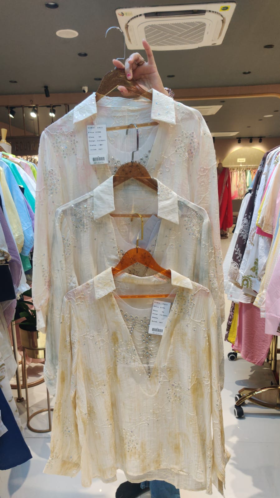 Pastel Embroidered Shirt with Netted Sparkle Stone Work Over Neck