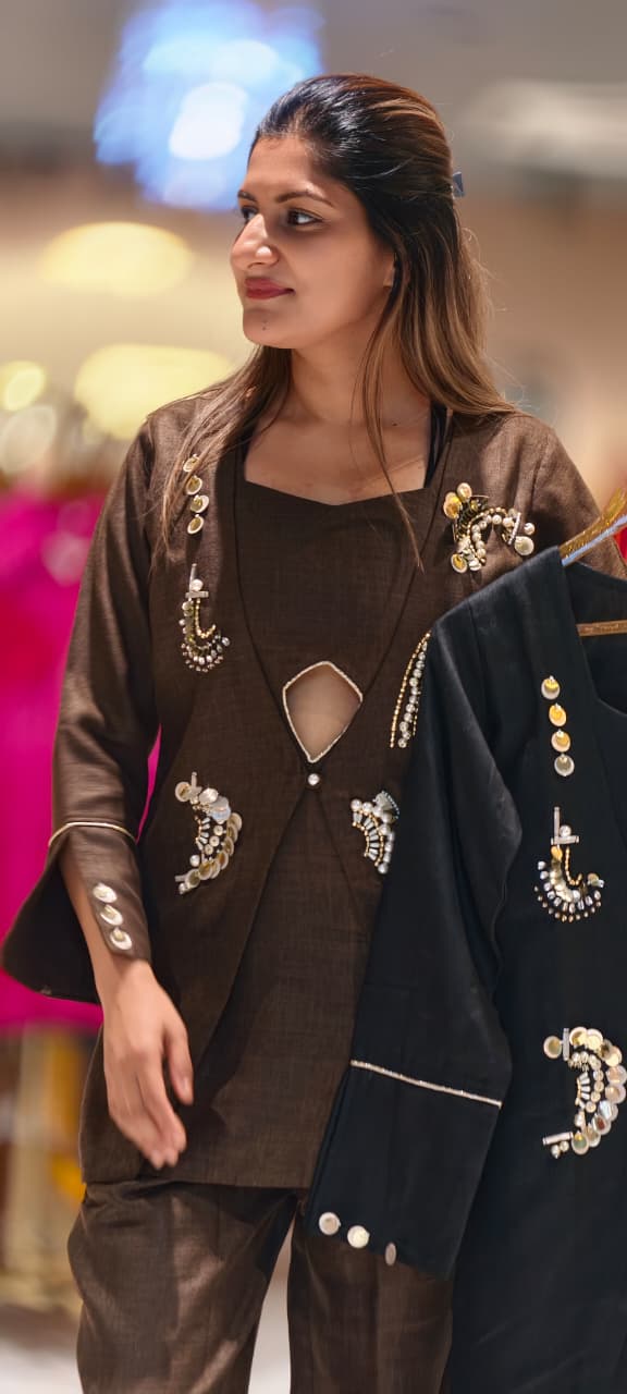 Solid-Colored Co-ord Set with Hand-Embroidered Sequin Bead Embellishments and Keyhole Detailing- 15090 LEAN FIT (Dispatchning After 3 Days)