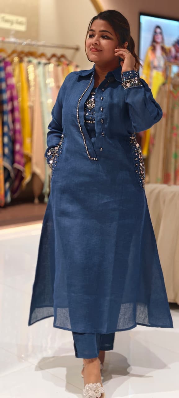 Beads Embellished Stunning Inner Attach Look A-Line Kurta With Bottom In Jute Fabric- 15088 (Dispatchning After 3 Days)