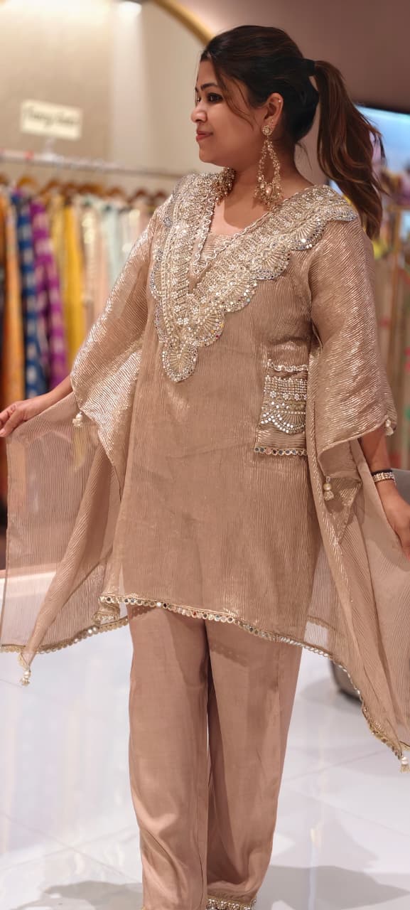 Crush Tissue Luxury Real Mirror Embellished Kaftan Co-Ord Set with Straight Pants & Sidepocket - 15093 (Dispatching After 3 Days)