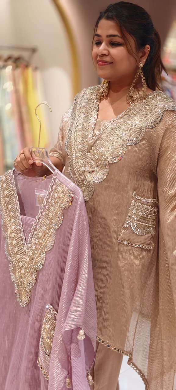 Crush Tissue Luxury Real Mirror Embellished Kaftan Co-Ord Set with Straight Pants & Sidepocket - 15093 (Dispatching After 3 Days)