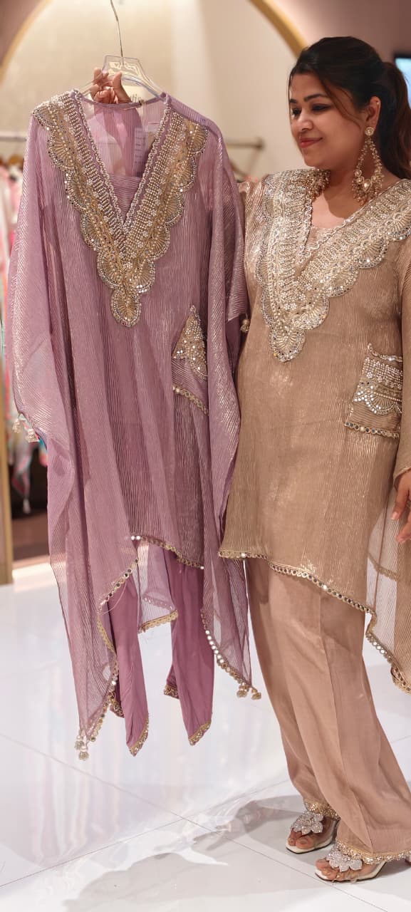 Crush Tissue Luxury Real Mirror Embellished Kaftan Co-Ord Set with Straight Pants & Sidepocket - 15093 (Dispatching After 3 Days)