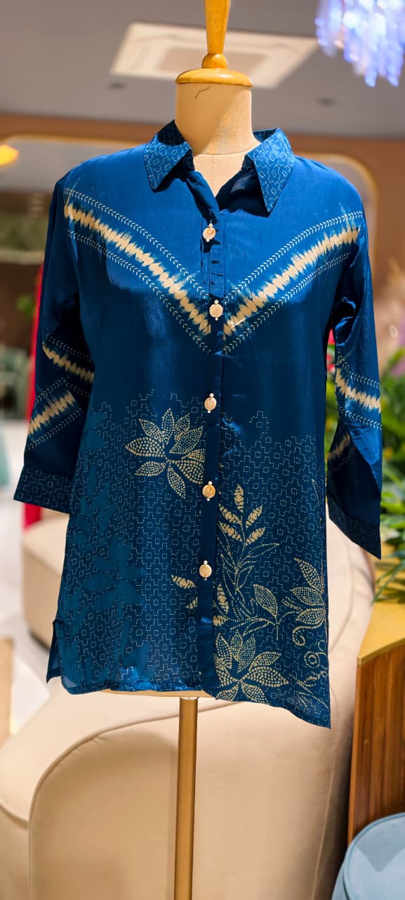 Abstract Vertical Line Floral Print Button Down Crepe Shirt -15111