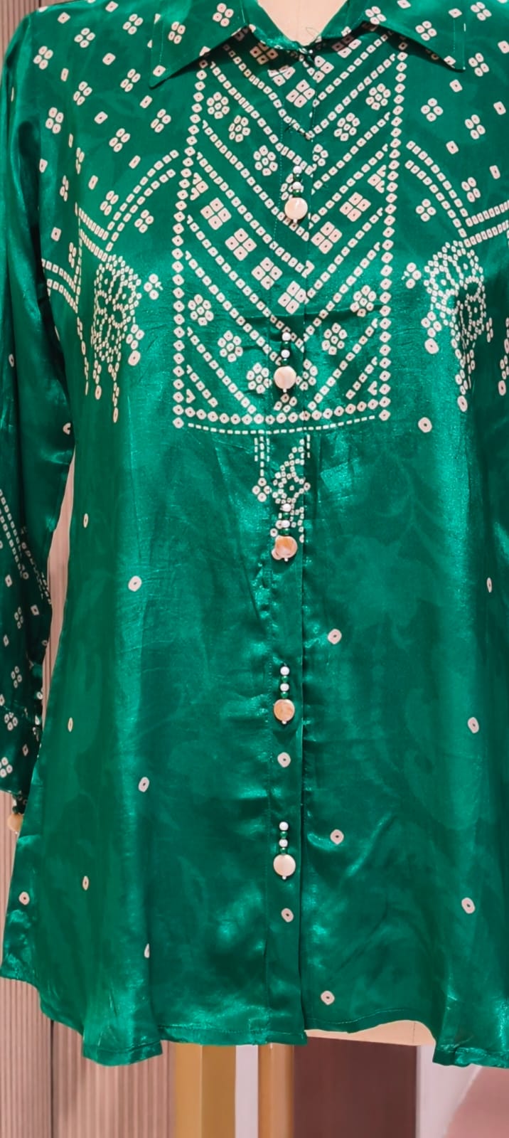 Pure Crepe Collared Bandhani Print Casual Wear Shirt- 14511
