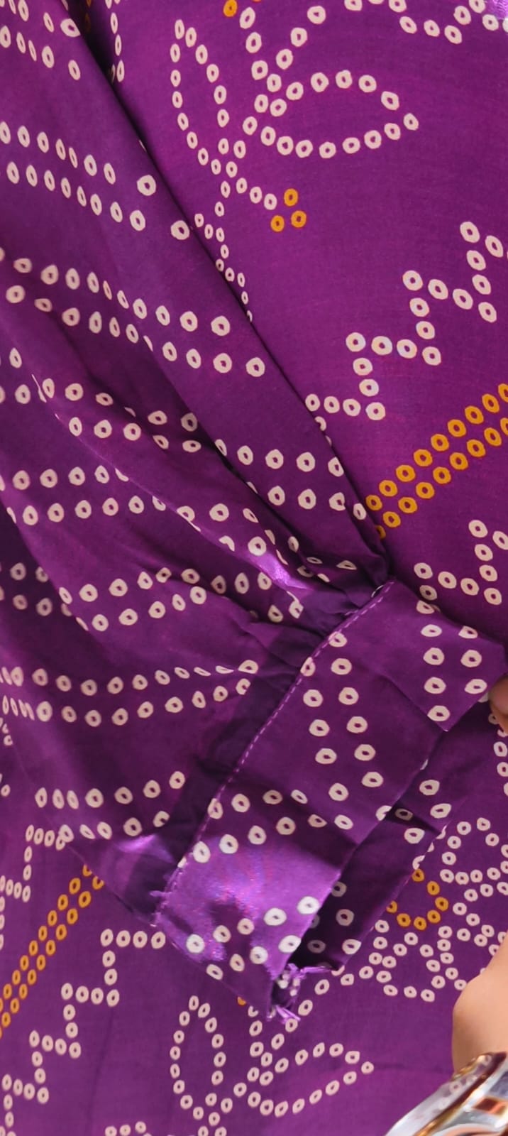 Women's Premium Purple Bandhani Floral Printed Soft Crepe Casual Shirt Top- 15114