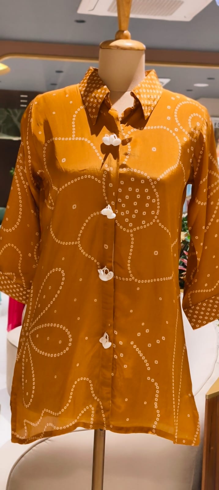 Bandhani Print Shell Tassel Rangoli Bird Back Print Crepe Shirt- 15111