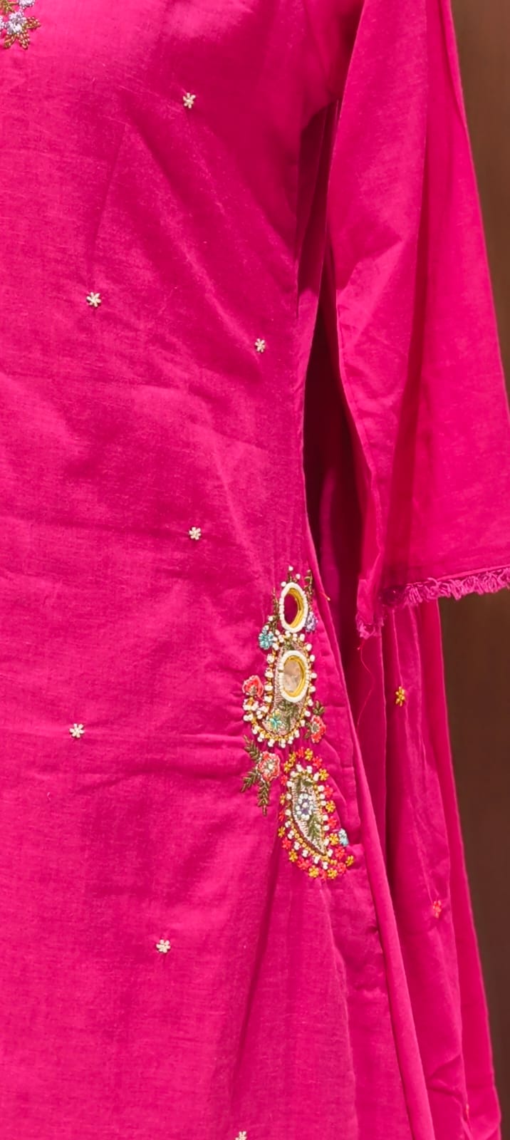 Stylish Mul Cotton A-Line Full Suit Set with Beautiful Mirror Embroidery and Both Side Pockets- 15167