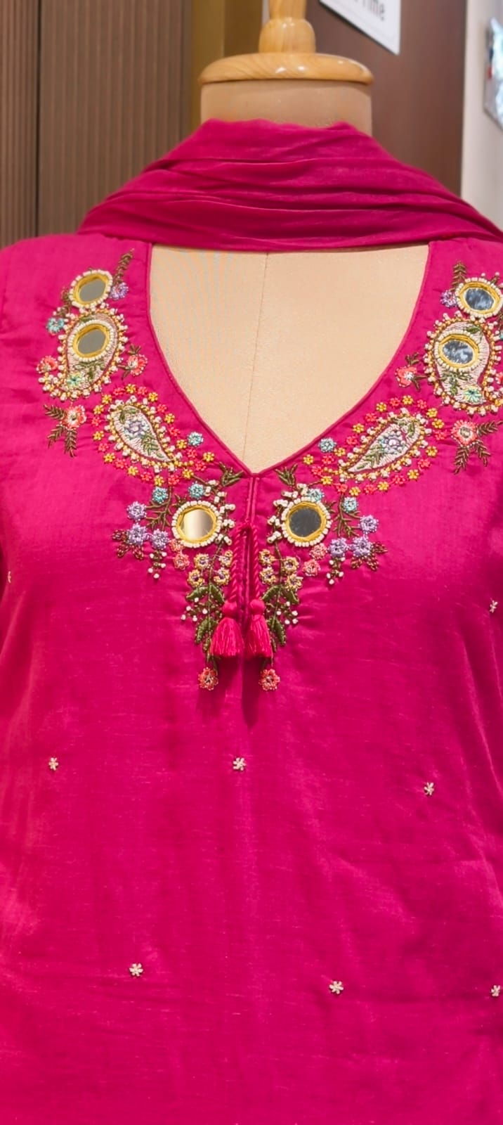 Stylish Mul Cotton A-Line Full Suit Set with Beautiful Mirror Embroidery and Both Side Pockets- 15167