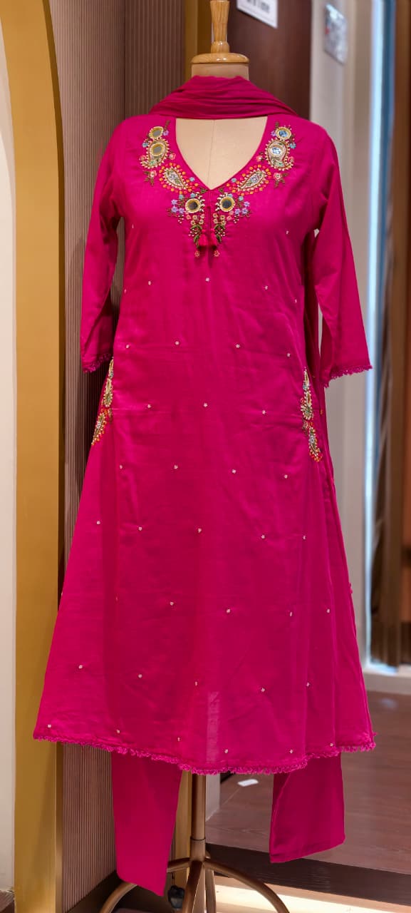 Stylish Mul Cotton A-Line Full Suit Set with Beautiful Mirror Embroidery and Both Side Pockets- 15167