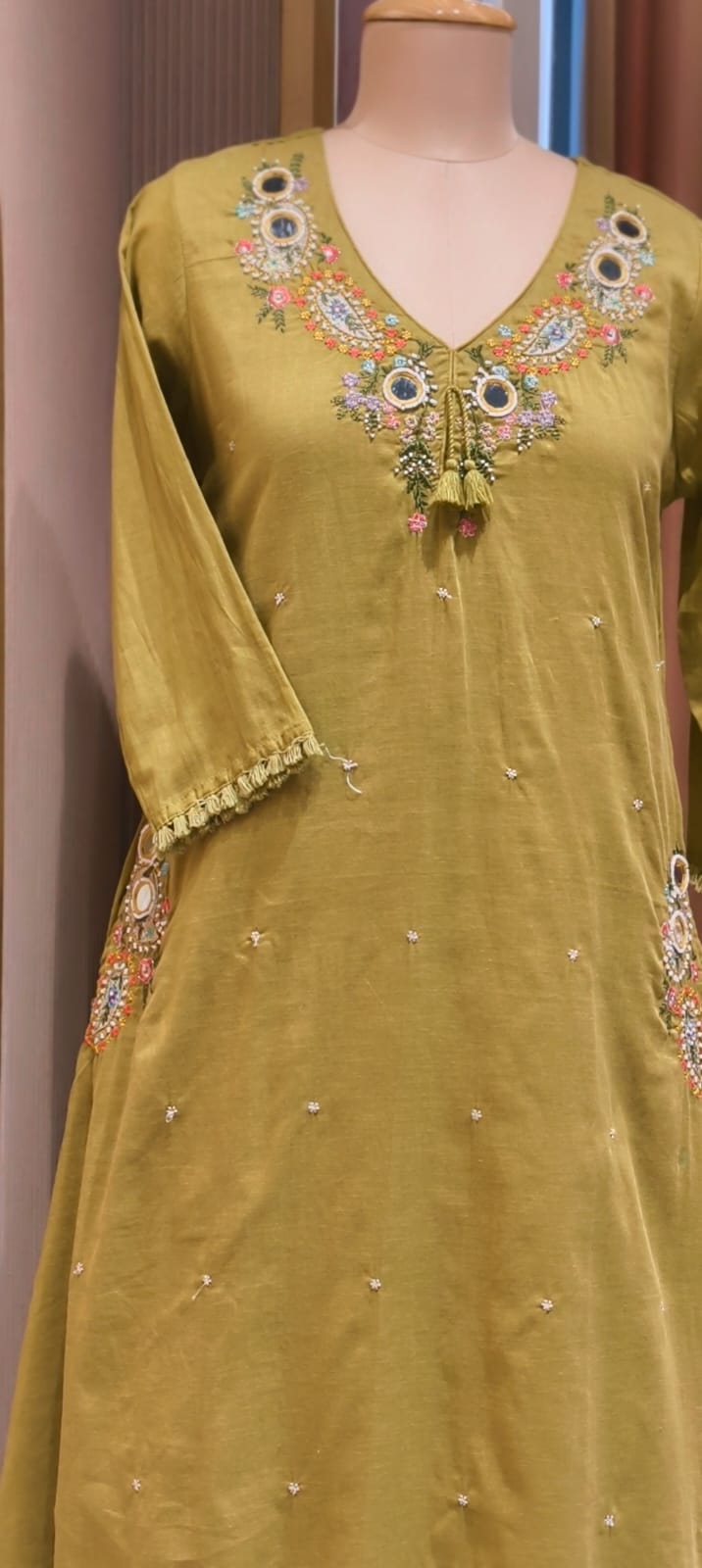 Stylish Mul Cotton A-Line Full Suit Set with Beautiful Mirror Embroidery and Both Side Pockets- 15167