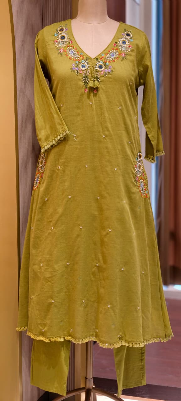 Stylish Mul Cotton A-Line Full Suit Set with Beautiful Mirror Embroidery and Both Side Pockets- 15167