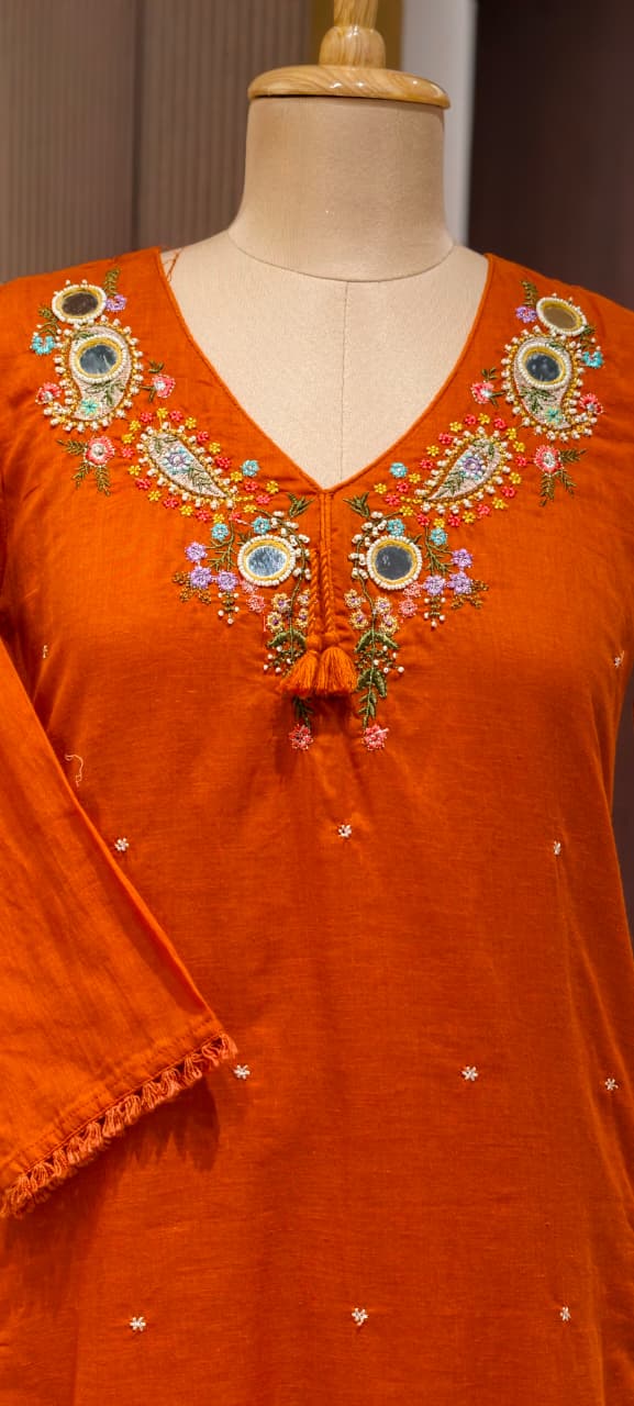 Stylish Mul Cotton A-Line Full Suit Set with Beautiful Mirror Embroidery and Both Side Pockets- 15167