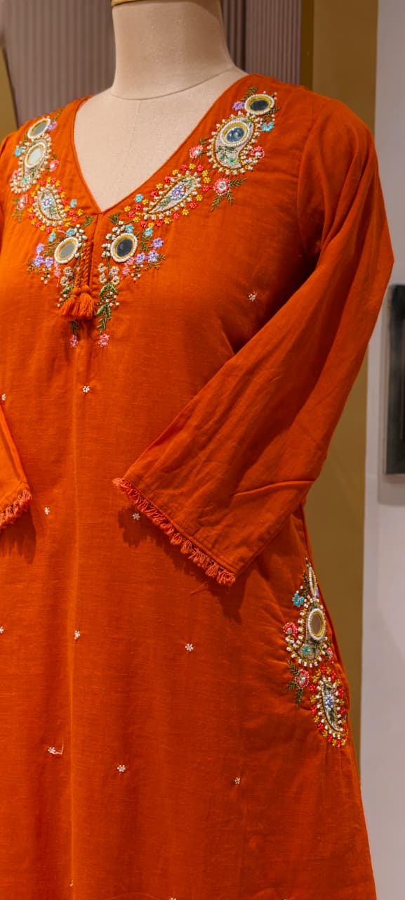 Stylish Mul Cotton A-Line Full Suit Set with Beautiful Mirror Embroidery and Both Side Pockets- 15167