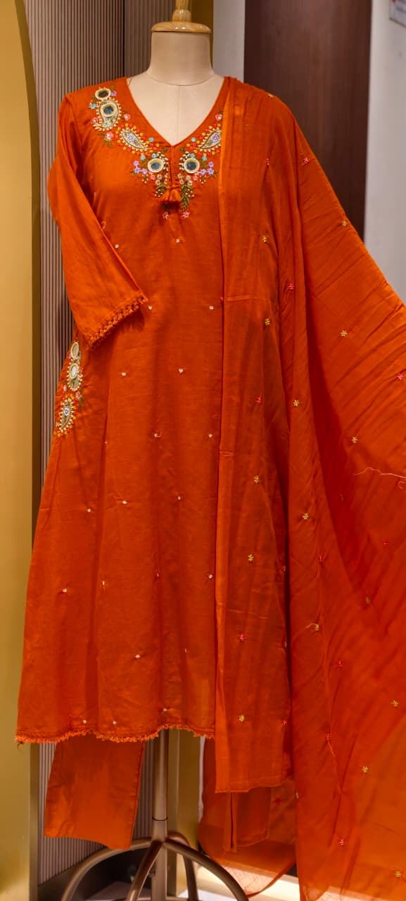 Stylish Mul Cotton A-Line Full Suit Set with Beautiful Mirror Embroidery and Both Side Pockets- 15167
