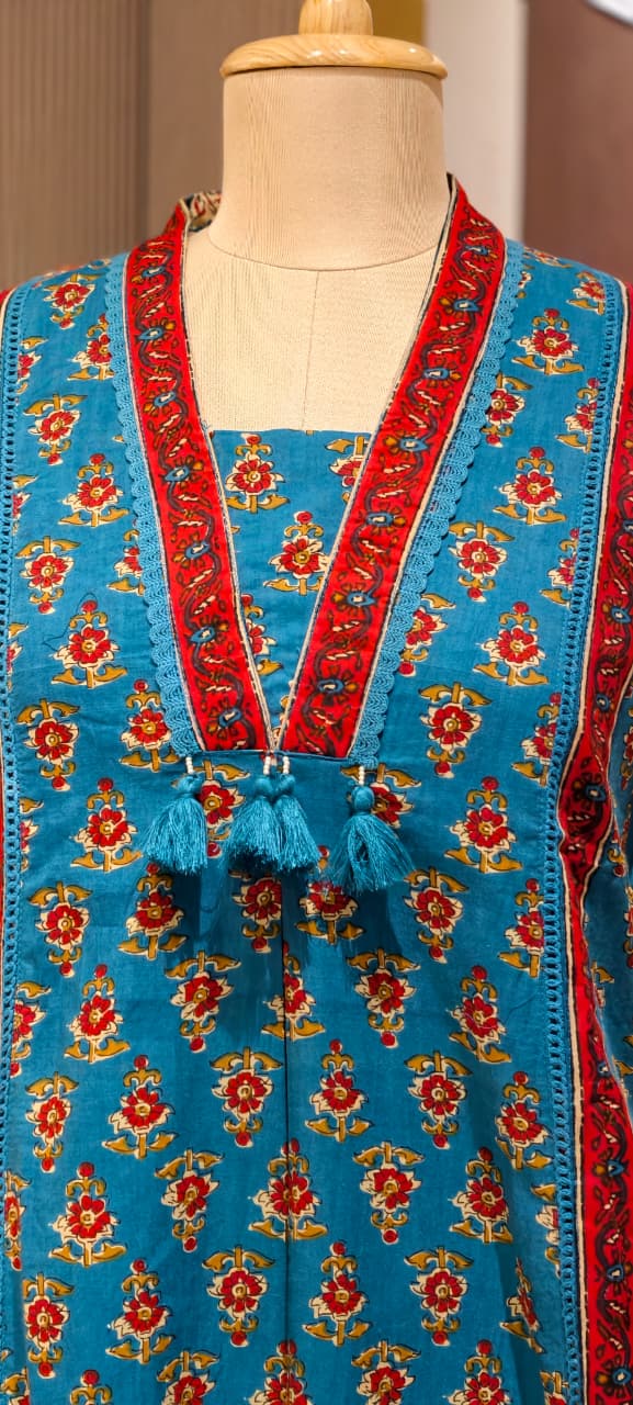 Royal Classic Mughal Floral Block Printed A-Line Cotton Full Suit Set With Dupatta