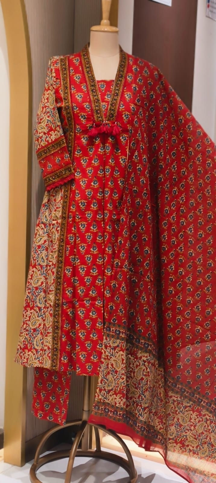 Royal Classic Mughal Floral Block Printed A-Line Cotton Full Suit Set With Dupatta