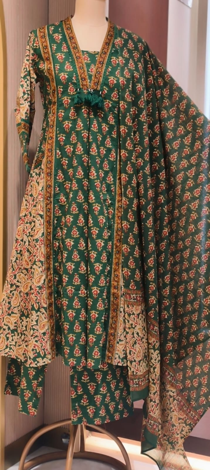 Royal Classic Mughal Floral Block Printed A-Line Cotton Full Suit Set With Dupatta