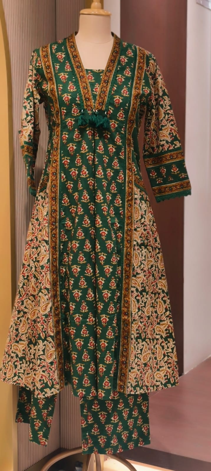 Royal Classic Mughal Floral Block Printed A-Line Cotton Full Suit Set With Dupatta