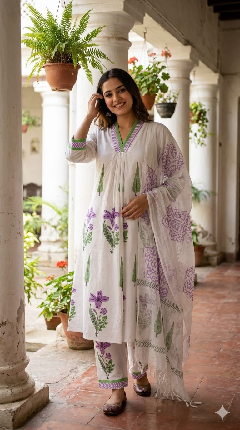 Premium Floral Print Mul Cotton Set Botanical Beauty A-Line Kurta Pant With Dupatta