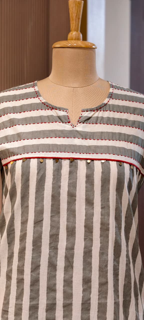 Striped Cotton Pure Cotton Long Kurta Suit Set with Floral Printed Dupatta-15174