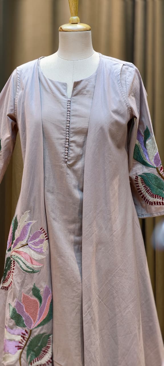 Fine Floral Embroidered High Low Jacket Style Kurta With Matching Bottom In Cotton Fabric- 15183