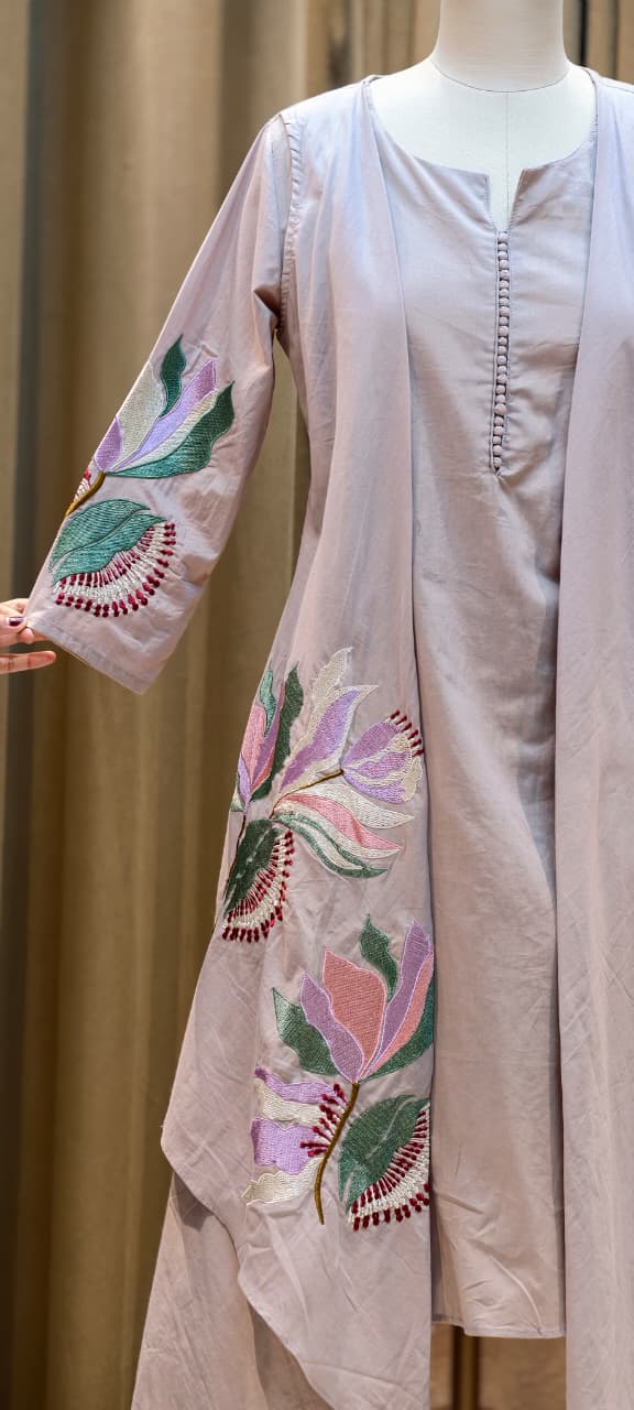 Fine Floral Embroidered High Low Jacket Style Kurta With Matching Bottom In Cotton Fabric- 15183