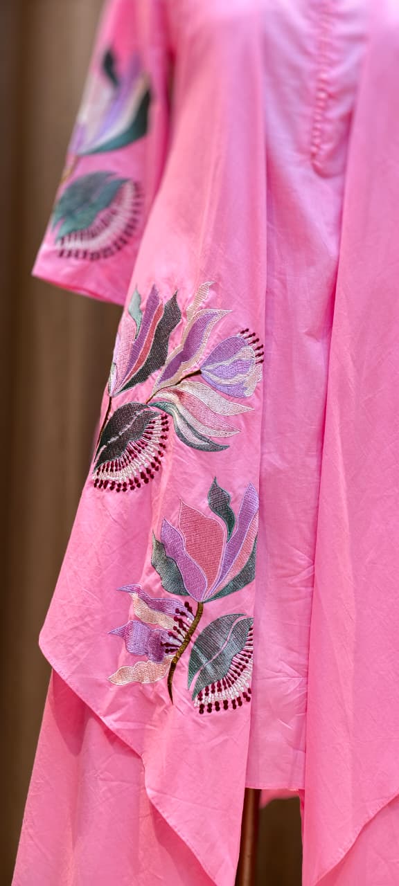 Fine Floral Embroidered High Low Jacket Style Kurta With Matching Bottom In Cotton Fabric- 15183