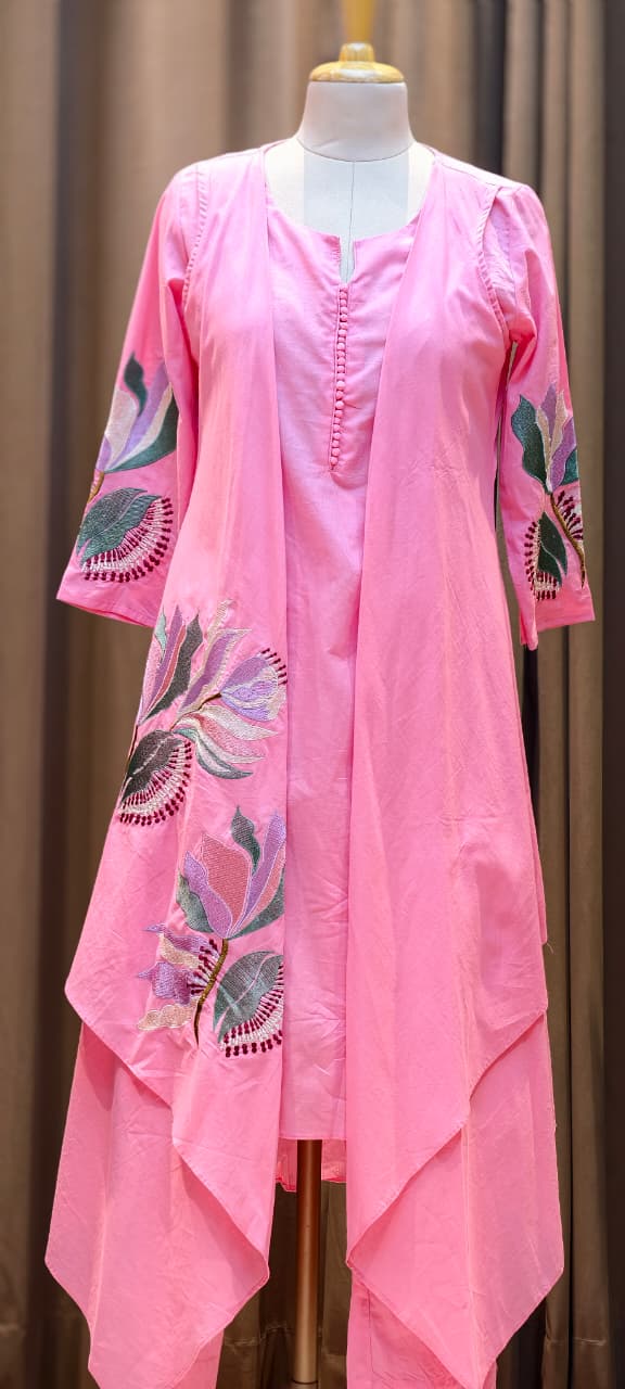 Fine Floral Embroidered High Low Jacket Style Kurta With Matching Bottom In Cotton Fabric- 15183