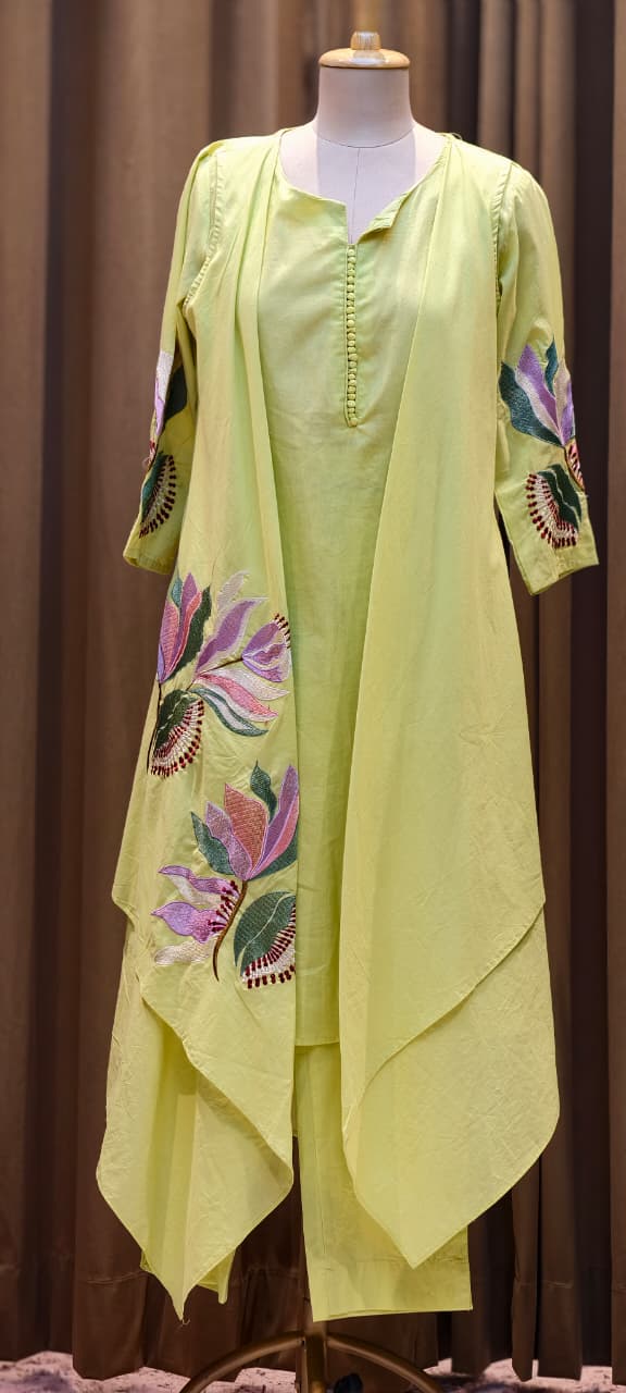 Fine Floral Embroidered High Low Jacket Style Kurta With Matching Bottom In Cotton Fabric- 15183