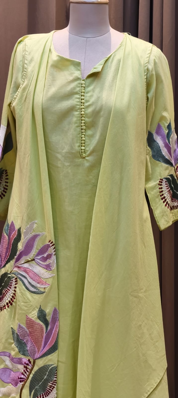 Fine Floral Embroidered High Low Jacket Style Kurta With Matching Bottom In Cotton Fabric- 15183