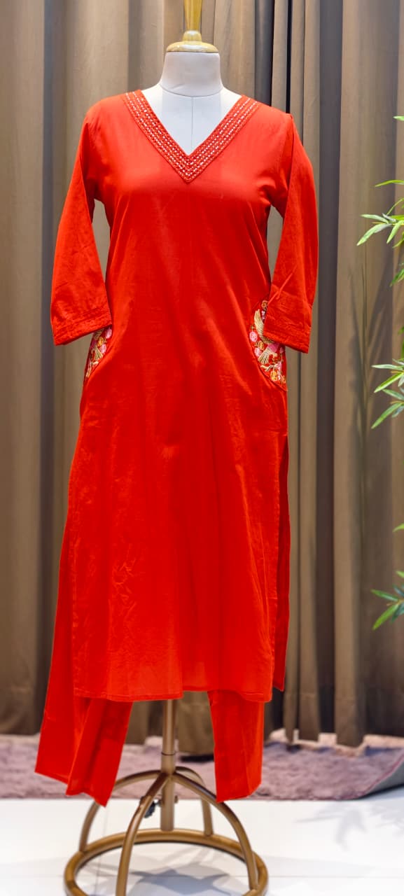 Linear Thread Neckline Embroidered Side Pockets Cotton Kurta Pant Set- 15169