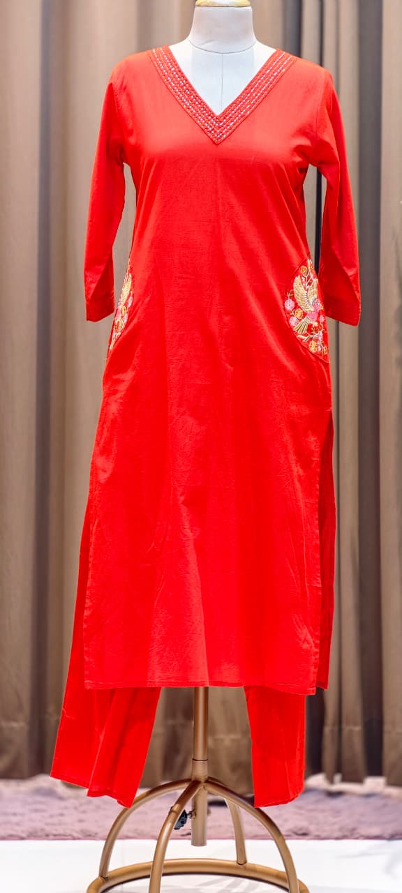 Linear Thread Neckline Embroidered Side Pockets Cotton Kurta Pant Set- 15169