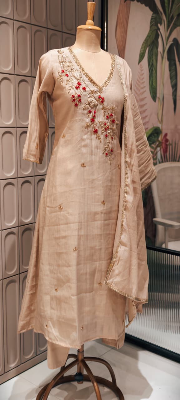 Elegant Zardosi Cut-Dana Embroidery Work A-Line Surat Mul-Chanderi Full Suit Set With Dupatta- 15297