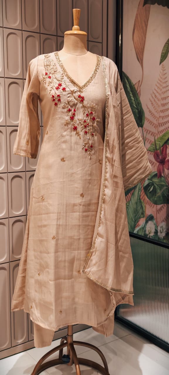 Elegant Zardosi Cut-Dana Embroidery Work A-Line Surat Mul-Chanderi Full Suit Set With Dupatta- 15297