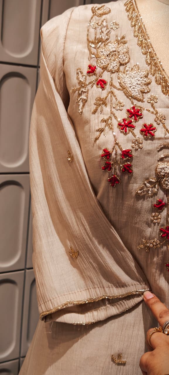 Elegant Zardosi Cut-Dana Embroidery Work A-Line Surat Mul-Chanderi Full Suit Set With Dupatta- 15297