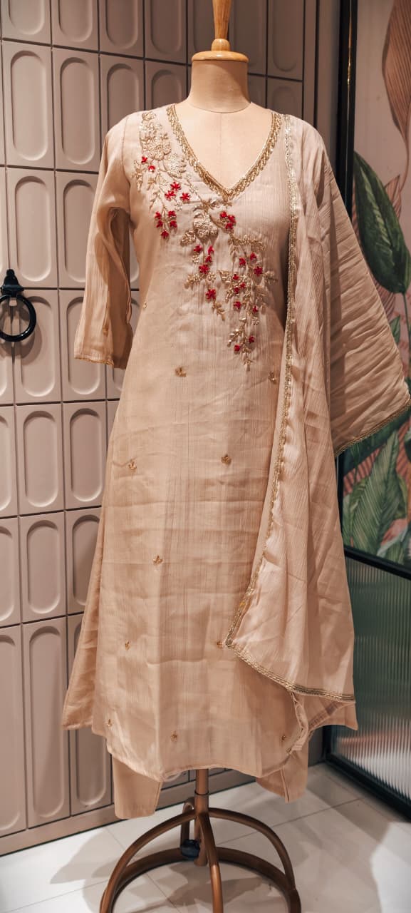 Elegant Zardosi Cut-Dana Embroidery Work A-Line Surat Mul-Chanderi Full Suit Set With Dupatta- 15297