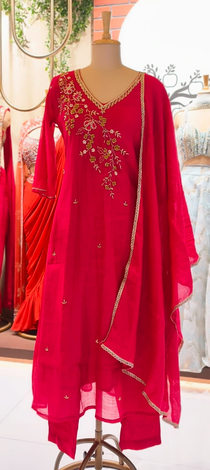 Elegant Zardosi Cut-Dana Embroidery Work A-Line Surat Mul-Chanderi Full Suit Set With Dupatta- 15297